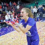BYUs Paisley Johnson, a former Glacier Peak High School standout, celebrates after the Cougars defeated Gonzaga in the West Coast Conference tournament final Tuesday in Las Vegas. Johnson was named the tournaments Most Outstanding Player. (AP Photo/John Locher)