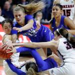 From left, Gonzagas Jenn Wirth, BYUs Paisley Johnson, Shaylee Gonzales, and Gonzagas Melody Kempton (33) scramble for a loose ball during the West Coast Conference tournament title game Tuesday in Las Vegas. (AP Photo/John Locher)