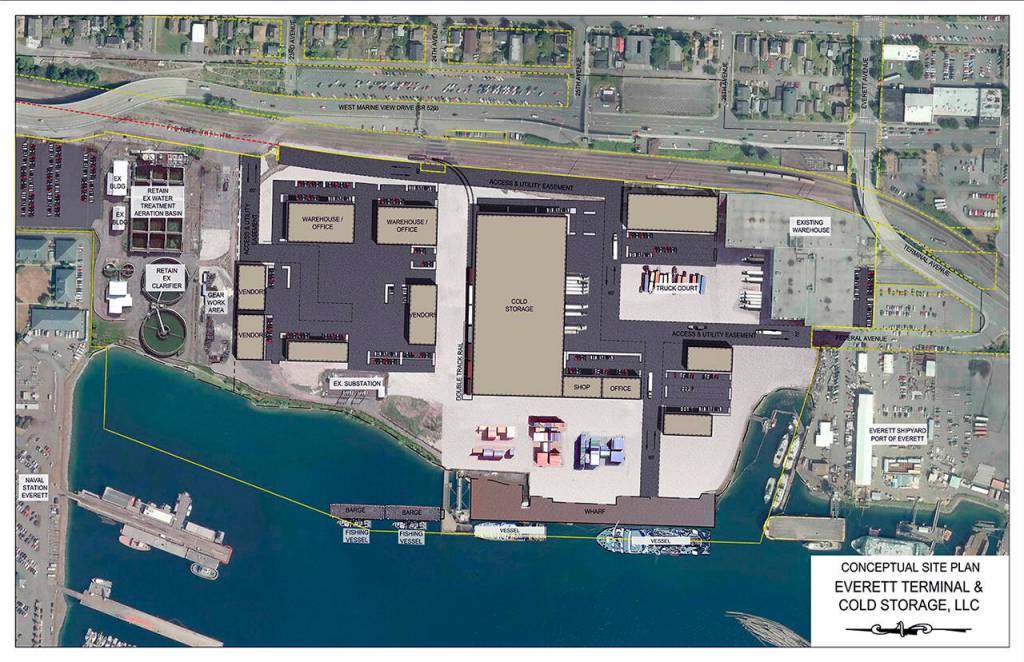This rendering shows how Pacific Stevedoring has proposed developing the former Kimberly-Clark mill site in Everett. (Everett Terminal & Cold Storage)