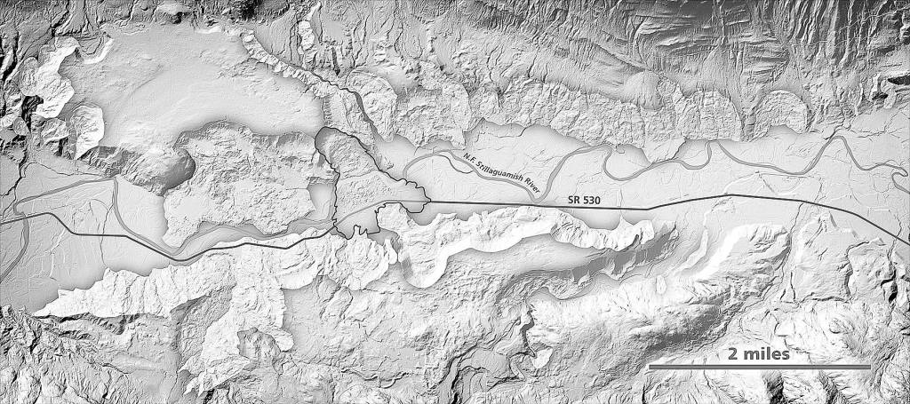 Daniel Coe / state Department of Natural Resources                                A lidar-imaging map shows the North Fork Stillaguamish River Valley with the Oso landslide near the center.