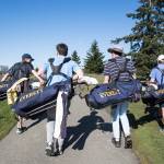 Everett High golfers (L-R) Austin Duffy, Andrew Olson, Ronny Kildall and Andrew Martin head to the fairway after teeing off during practice at Legion Memorial Golf Course on March 18, 2019 in Everett. (Andy Bronson / The Herald)