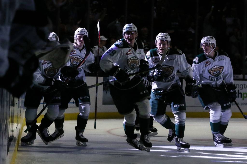 Silvertips players celebrate a goal in the second period of a playoff game against Tri-City on March 23, 2019, at Angel of the Winds Arena in Everett . (Kevin Clark / The Herald)