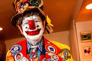 At his home in Edmonds in 2008, Chris Wedes, 80, had transformed himself into the popular clown Julius Pierpont J.P. Patches. Wedes was battling cancer, which took his life four years later on July 22, 2012. (Dan Bates / The Herald)