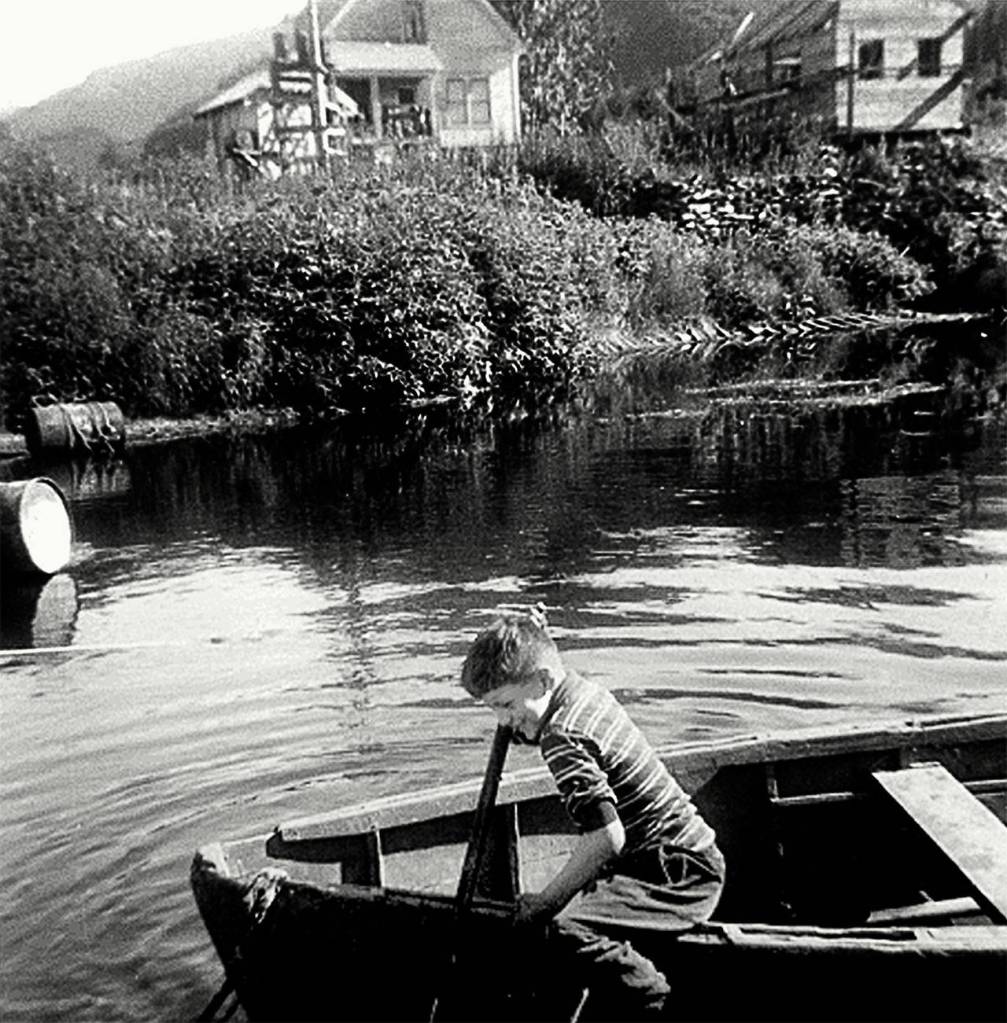 Bobby Day in the skiff at Dayville on Prince William Sound in about 1953. Day became a fisherman before the Exxon Valdez oil spill. (Gloria Day Collection)