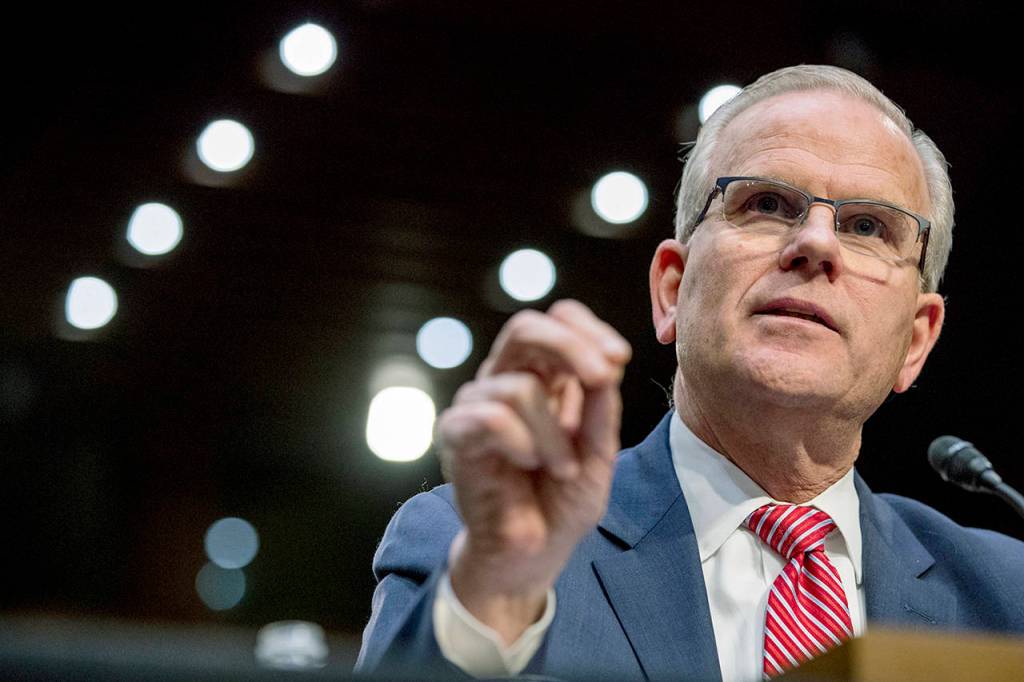 Federal Aviation Administration Acting Administrator Daniel Elwell speaks at a Senate Transportation subcommittee hearing on commercial airline safety on Wednesday in Washington. (AP Photo/Andrew Harnik)