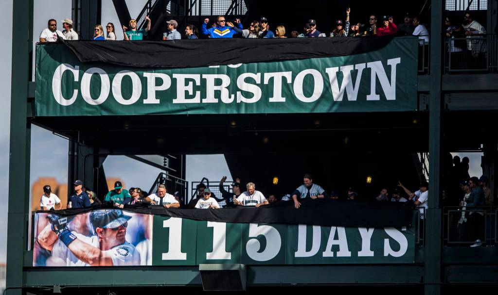 A countdown to Edgar Martinezs induction into Cooperstown is revealed during Opening Day at T-Mobile Park on Thursday, March 28, 2019 in Seattle, Wash. (Olivia Vanni / The Herald)