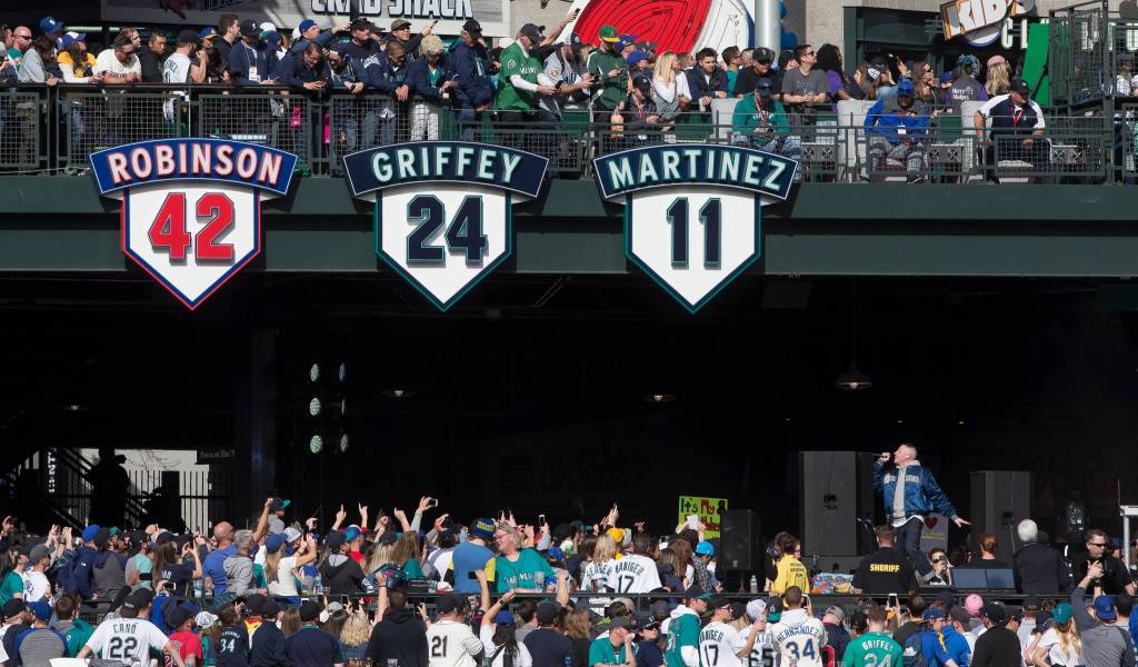 Macklemore performs in the Pen before the Seattle Mariners took on the Boston Red Sox at T-Mobile Park on Thursday, March 28, 2019 in Seattle, Wash. (Andy Bronson / The Herald)