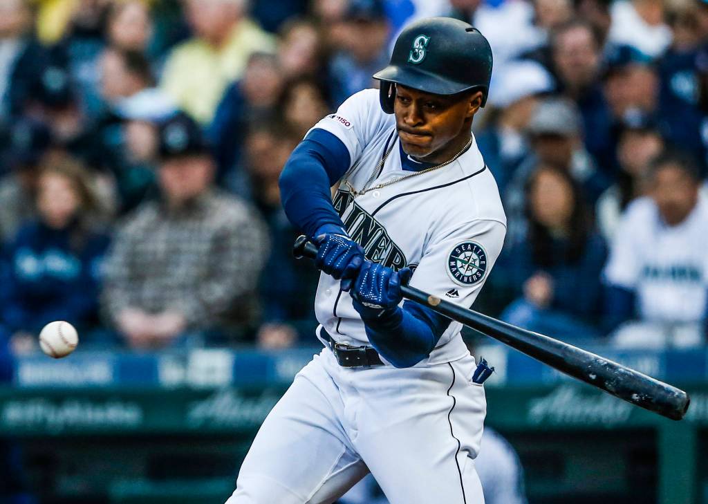 Mariners Mallex Smith swings at a pitch during the Opening Day game against the Boston Red Sox at T-Mobile Park on Thursday, March 28, 2019 in Seattle, Wash. (Olivia Vanni / The Herald)