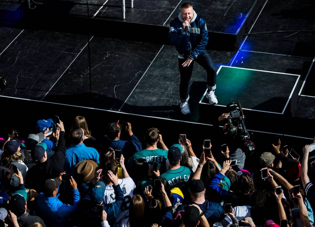 Macklemore performs in The Pen during Opening Day at T-Mobile Park on Thursday, March 28, 2019 in Seattle, Wash. (Olivia Vanni / The Herald)