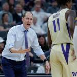 Washington head coach Mike Hopkins yells to his players during a Pac-12 tournament game against Colorado on March 15, 2019, in Las Vegas. (AP Photo/John Locher)