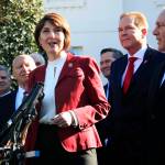 Rep. Cathy McMorris Rodgers, R-Wa., together with Rep. Kevin Brady, R-Texas (left), Rep. Steve Scalise, R-La. (right), Rep. Vern Buchanan, R-Fla. (second from right), and other Republican members of Congress speaks to reporters outside the West Wing of the White House following a meeting with President Donald Trump at the White House in Washington on Tuesday. (AP Photo/Manuel Balce Ceneta)