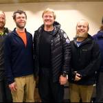 Western Washington University Professor John All (center) and his team pose for a photograph at a hotel before leaving Wednesday for the Everest region in Kathmandu, Nepal. (AP Photo/Niranjan Shrestha)