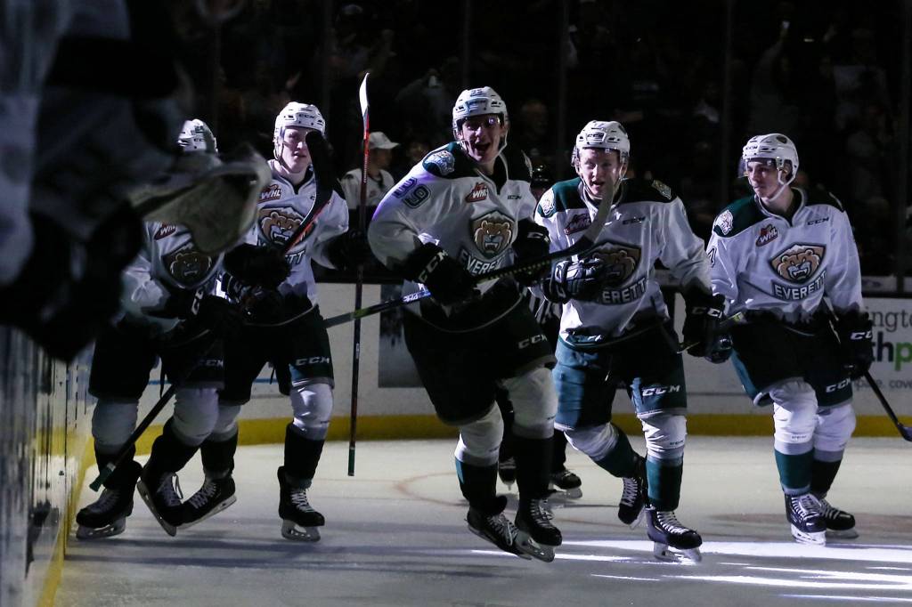 The Silvertips hit the ice during Game 2 of the playoffs at Angel of the Winds Arena in Everett on March 23. (Kevin Clark / The Herald)