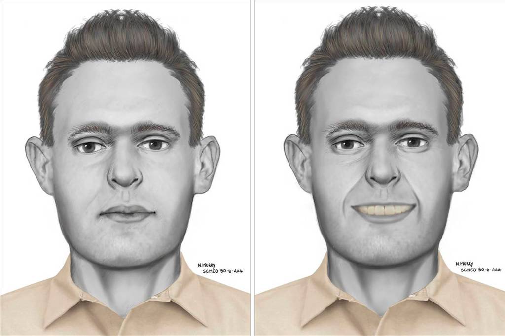 A forensic artist reconstructed the face of a man found dead in the Snohomish River in 1980. Because teeth are the only bones that can be seen on a living person, the forensic artist also drew an image of the man smiling. (Snohomish County Medical Examiners Office)