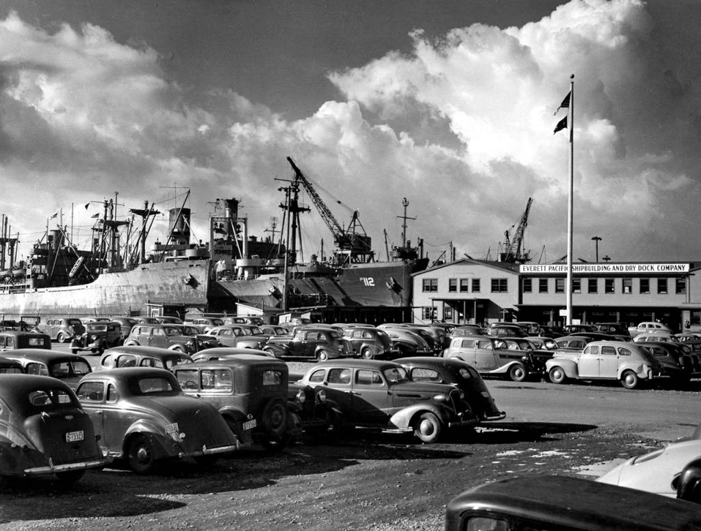 The Everett Pacific Shipbuilding and Drydock Company on the Everett waterfront  seen here in the 1940s  was located where Naval Station Everett is today. (Everett Public Library)