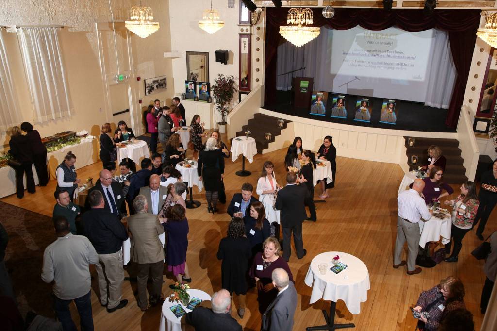 Local leaders gather for the 2019 Emerging Leader award ceremony Thursday night at the Marysville Opera House. (Kevin Clark / The Herald)