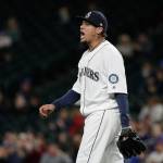 Seattle Mariners starting pitcher Felix Hernandez reacts after an out during the fifth inning of a game against the Los Angeles Angels on Monday in Seattle. (Ted S. Warren / Associated Press)