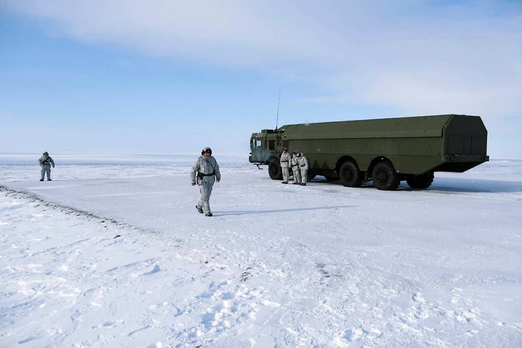 Russian troops conduct training Wednesday with a Bastion missile launcher on Kotelny Island. (AP Photo/Vladimir Isachenkov)