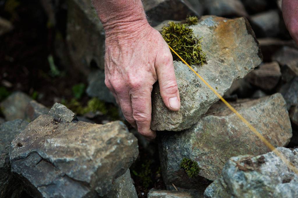 Nick Aitken tests a rocks fit in the wall. (Olivia Vanni / The Herald)