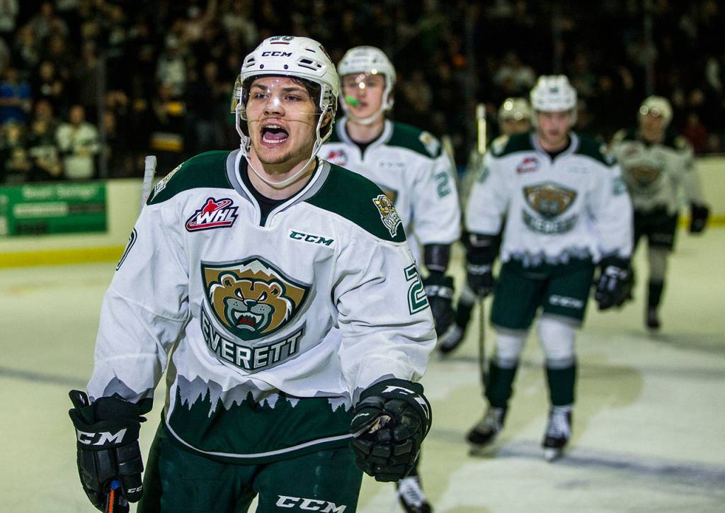 The Silvertips Zack Andrusiak yells after scoring a goal during a playoff game game against the Chiefs on April 6, 2019, in Everett. (Olivia Vanni / The Herald)