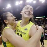 Seattles Breanna Stewart (right) is embraces by Sue Bird after the Storm defeated Phoenix to in Game 5 of the WNBAs semifinal series on Sept. 4, 2018 in Seattle. (AP Photo/Elaine Thompson)