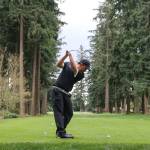 Kamiaks Devin Kim tees off during the Tom Dolan Memorial Invitational golf tournament Monday afternoon at Everett Golf & County Club in Everett on April 8, 2019. Kim finished third with 69 and -3. (Kevin Clark / The Herald)