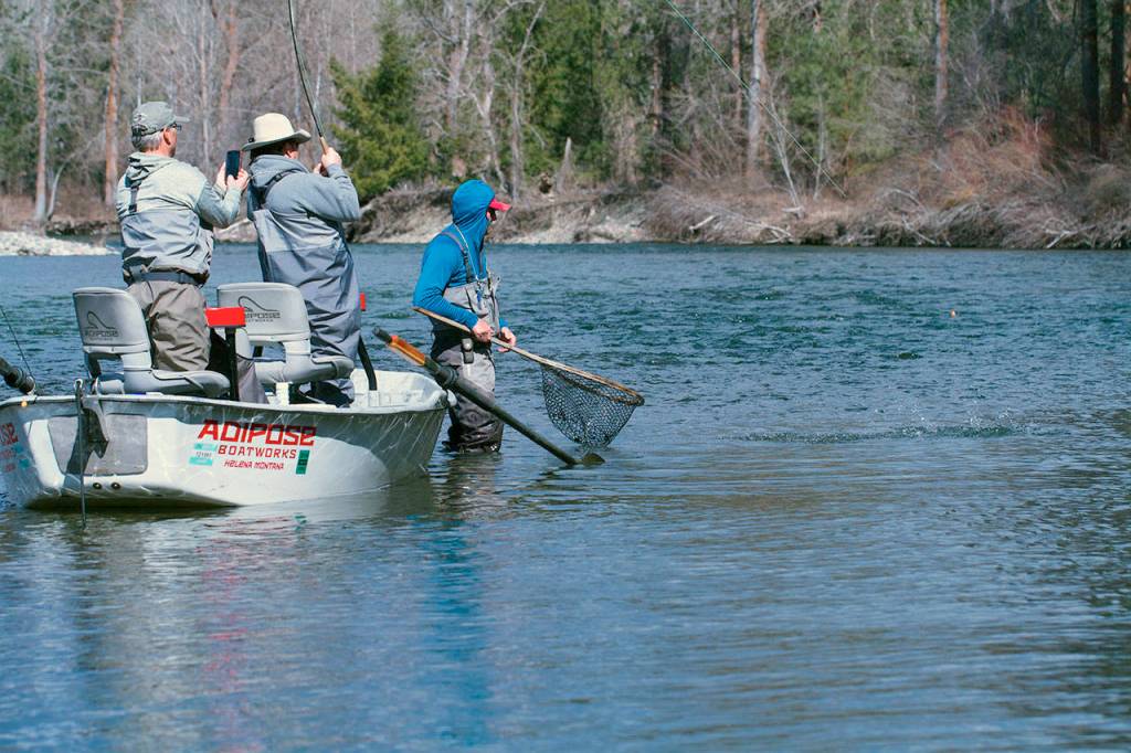 Paul Tetzlaff of Marysville snaps a photo while Les Bouck of Everett plays a fish on the Yakima. (Mike Benbow photo)