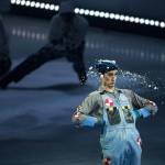Nate Cooper takes a snowball to the head during the opening day performance of Cirque du Soleils Crystal. (Andy Bronson / The Herald)