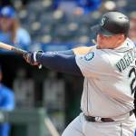 Seattles Daniel Vogelbach hits a solo home run during the 10th inning of the Mariners 7-6 win over the Royals on Thursday in Kansas City, Missouri. (AP Photo/Orlin Wagner)