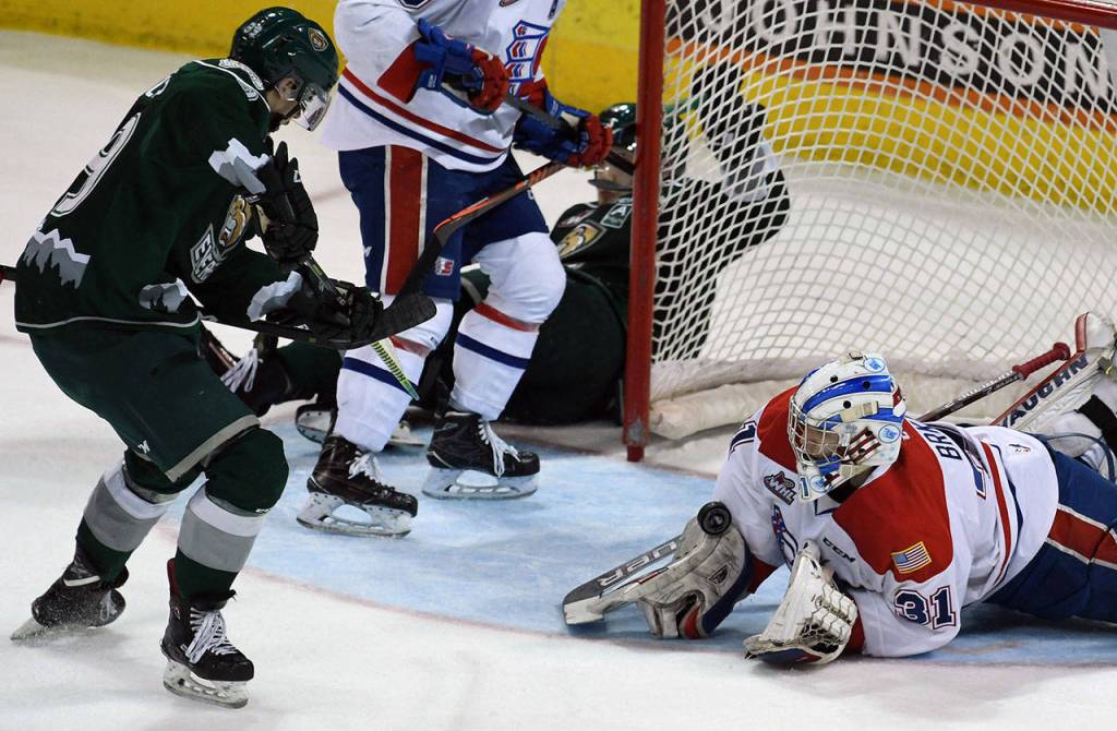 Chiefs goaltender Bailey Brkin (31) makes a save during the second period of a playoff game against the Silvertips on Friday in Spokane. (Colin Mulvany / The Spokesman-Review)