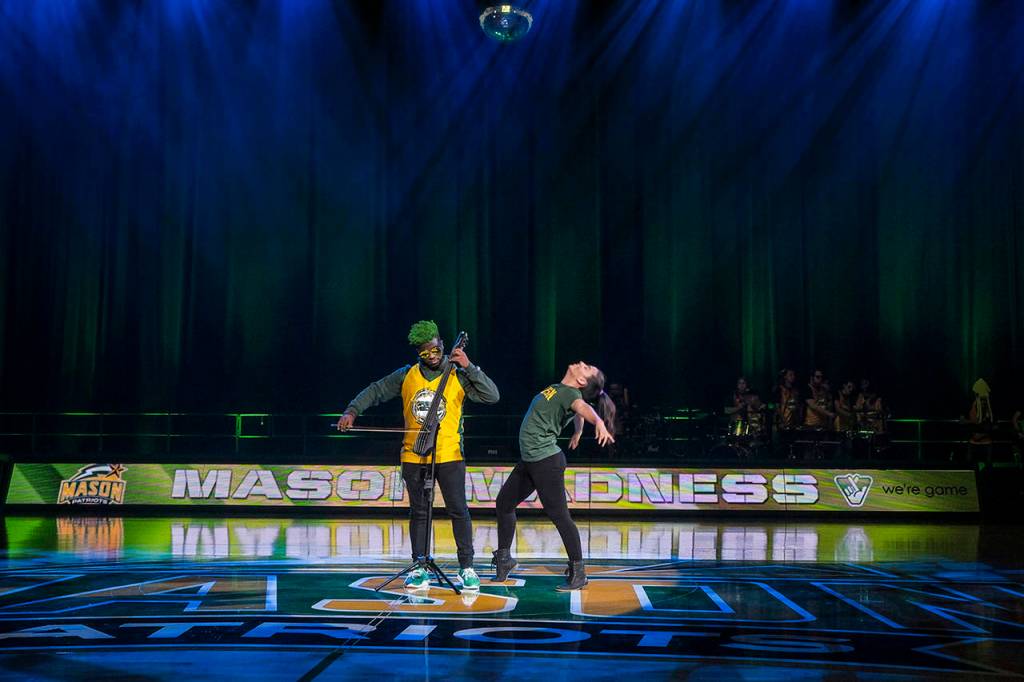 Adams performs a solo at a school pep rally in October at EagleBank Arena in Fairfax County, Virginia. (Jahi Chikwendiu/Washington Post)