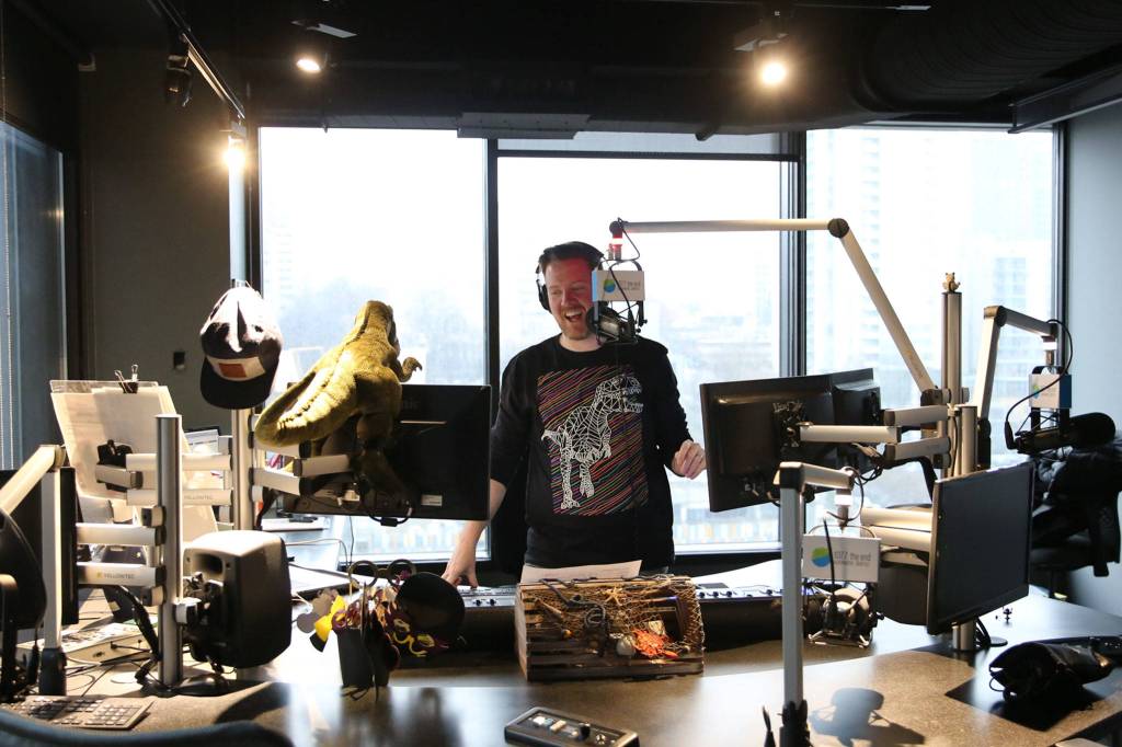 Nerd Talk host Gregr records in the 107.7 The End studio in Seattle. (Kevin Clark / The Herald)