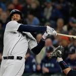 The Mariners Domingo Santana strikes out swinging during the third inning of a game against the Indians on April 16, 2019, in Seattle. (AP Photo/Ted S. Warren)