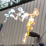 An electrical arc is produced during the trailer demonstration Wednesday hosted by Snohomish County PUDin Everett. (Olivia Vanni / The Herald)