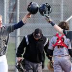 Arlingtons Owen Bishop (left) and Cole Cramer celebrate after Bishop scored during a game against Marysville Pilchuck on April 17, 2019, at Arlington High School. (Kevin Clark / The Herald)