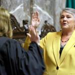Sen. Maureen Walsh, R-Walla Walla, takes the oath of office in Olympia on Jan. 9, 2017. (AP Photo/Ted S. Warren, File)