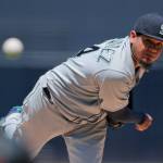 Mariners starting pitcher Felix Hernandez works against a Padres batter during the first inning of a game on April 24, 2019, in San Diego. (AP Photo/Gregory Bull)