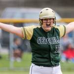 Marysville Getchells Thea Hatch celebrates after a double against Marysville Pilchuck on April 26, 2019, at Marysville Getchell High School. (Kevin Clark / The Herald)