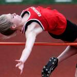 Snohomishs Bree Nichols clears the high jump to tie for third at 5-00.00 during the <a href="https://www.heraldnet.com/sports/glacier-peak-boys-girls-win-team-titles-at-eason-invitational/" target="_blank">Nike Eason Invitational</a> at Veterans Memorial Stadium in Snohomish on April 20. (Kevin Clark / The Herald)