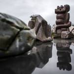A sculpture is reflected off of a smooth surface at the Cloudstone Sculpture outdoor gallery in Freeland. (Olivia Vanni / The Herald)
