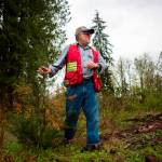 Boyd Norton looks for trees damaged by deer rubbing at the Nourse Tree Farm near Arlington on April 19. (Olivia Vanni / The Herald)