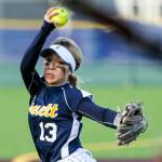 Everetts Jackie Rookaird throws a pitch against Snohomish Wednesday night at Lincoln Field in Everett on May 1, 2019. (Kevin Clark / The Herald)