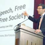 Washington Attorney General Bob Ferguson speaks about free speech in modern society during a presentation Tuesday evening on the Port Angeles campus of Peninsula College. (Keith Thorpe / Peninsula Daily News)