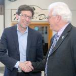Washington State Attorney General Bob Ferguson (left) meets with Peninsula College President Luke Robins prior to Fergusons presentation on free speech Tuesday on the colleges Port Angeles campus. (Keith Thorpe / Peninsula Daily News)
