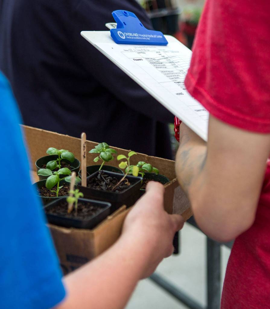 Students use clipboards to do orders at the plant sale. (Olivia Vanni / The Herald)