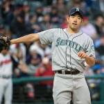 Mariners starting pitcher Yusei Kikuchi gets the ball back after throwing to the Indians Jake Bauers during the third inning of a game on May 3, 2019, in Cleveland. (AP Photo/Phil Long)