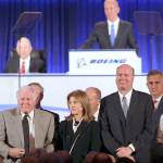 The Boeing board of directors, including Nikki Haley (right) and Caroline Kennedy (center), are introduced by Chief Executive Officer Dennis Muilenburg at the Boeing annual meeting in Chicago on April 29. (John Gress/Pool Photo via AP)