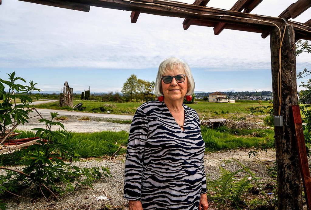 Dianna Biringer loves the open space and mountain views she has enjoyed while living on Spencer Island for nearly 35 years. In the background to her right is the old farmhouse where she and her husband Mike have made their home. (Dan Bates / The Herald)