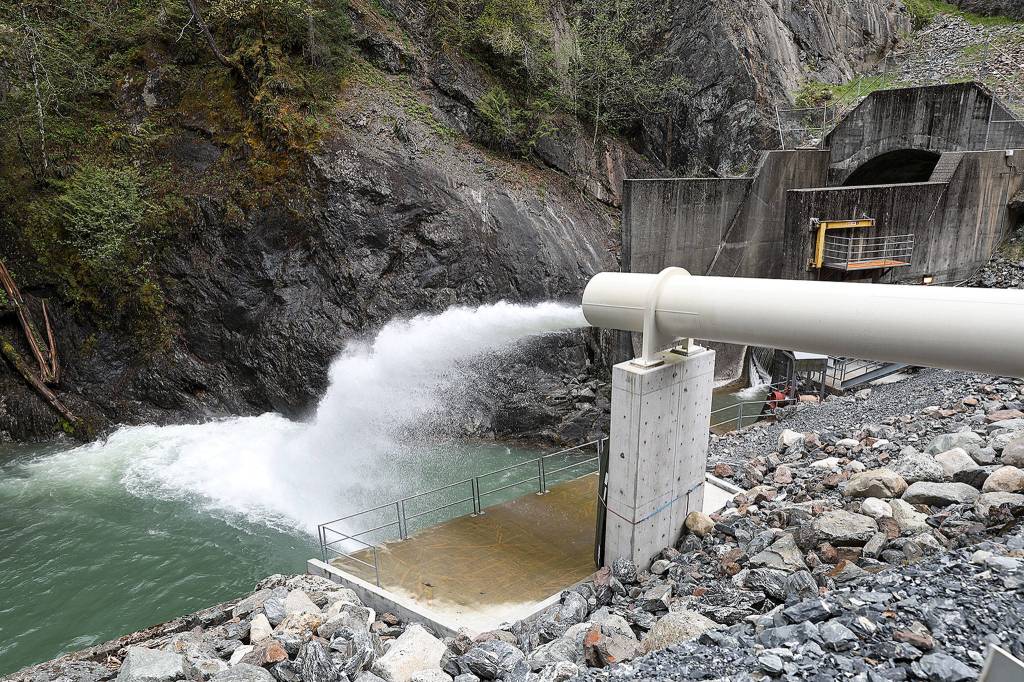 The new pipe, which feeds water into the Sultan River below, was added for the Water Temperature Conditioning Project. (Lizz Giordano / The Herald)