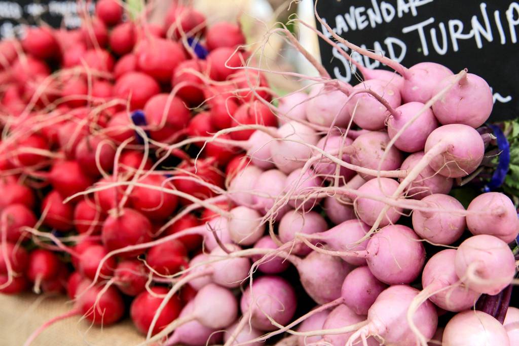 Lavender turnips add color to the Snohomish Farmers Market on Thursday afternoon. (Kevin Clark / The Herald)